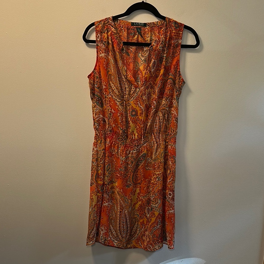 Lauren Ralph Lauren Women’s Orange Paisley Sheer Sleeveless Blouson Dress Sz 4